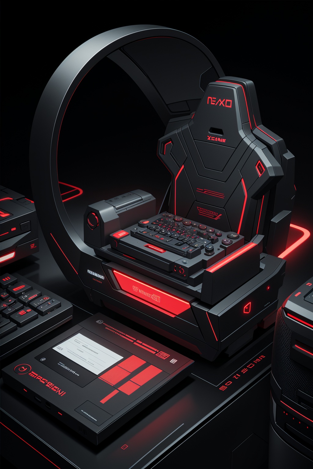 In a sleek,  high-tech setting dominated by deep blacks and sharp contrasts,  a modern gaming smartphone rests at the cent...