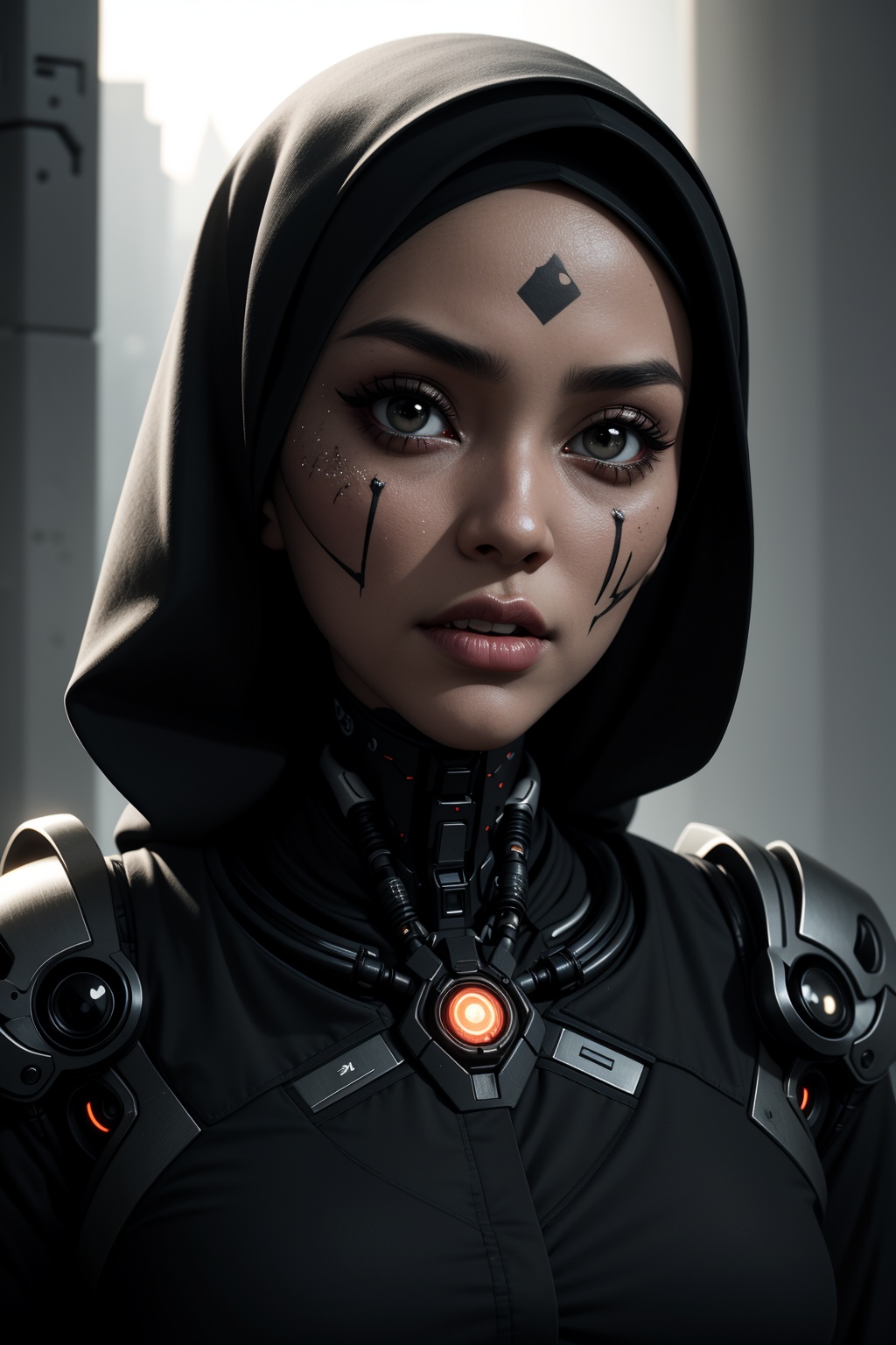 A close-up shot of a pretty Malay woman's face,  wearing a hijab and loose abaya,  transformed into a zombie cyborg. Her f...