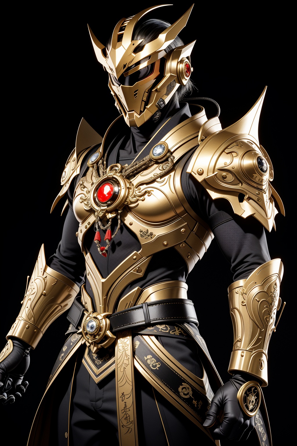 A majestic cybernetic samurai,  encased in intricate white and gold armor,  exudes an air of stoic vigilance. The suit on...