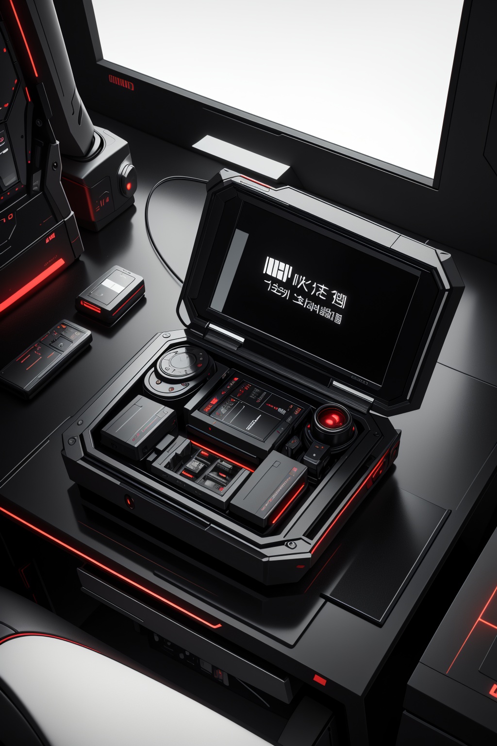 In a sleek,  high-tech setting dominated by deep blacks and sharp contrasts,  a modern gaming smartphone rests at the cent...