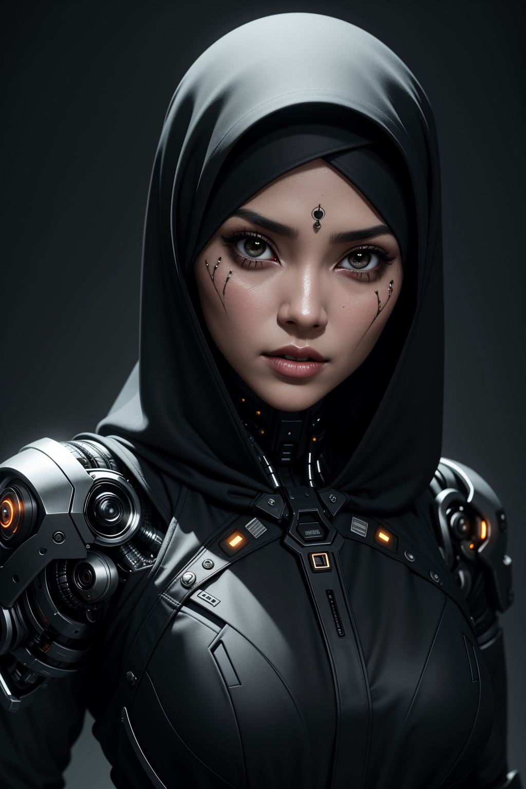 A close-up shot of a pretty Malay woman's face,  wearing a hijab and loose abaya,  transformed into a zombie cyborg. Her f...