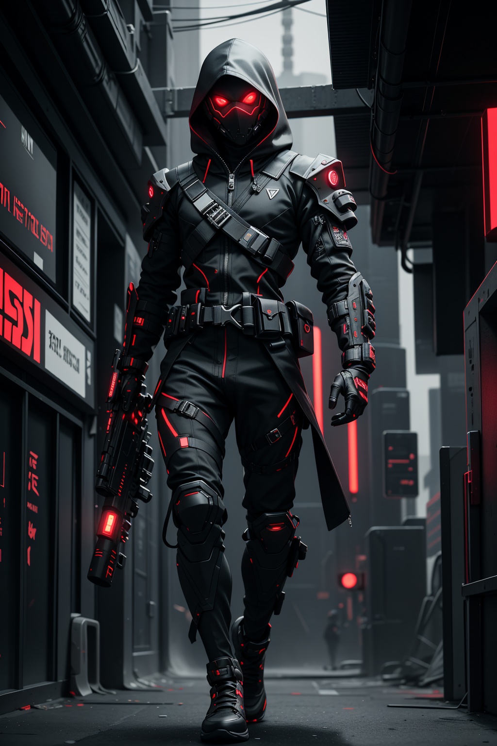 "A futuristic cyberpunk assassin in a sleek,  tactical outfit. The character is clad in a hooded black cloak with sharp,...
