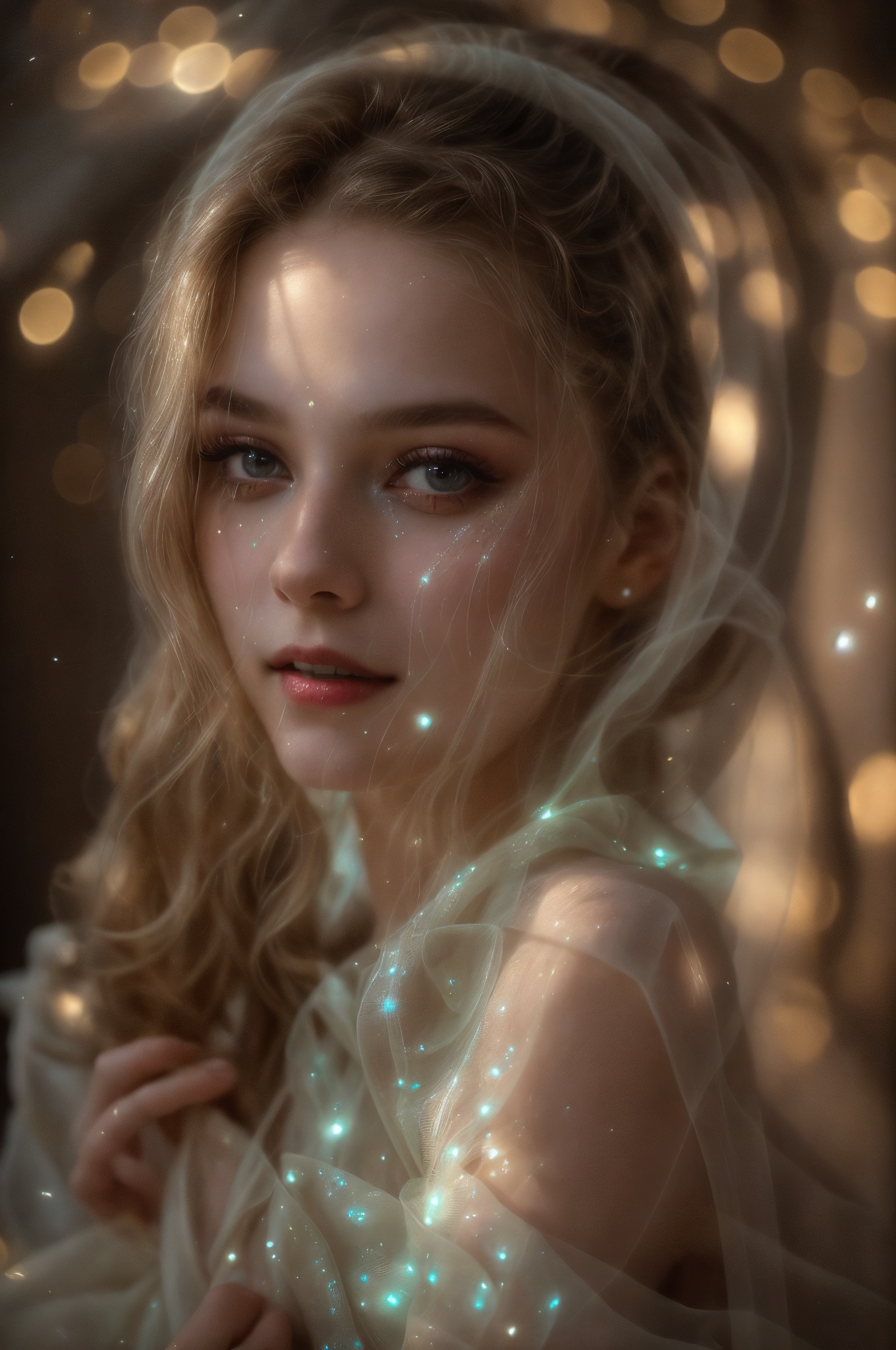 A cinematic close-up of young model's face,  her eyes gazing directly into the lens. She is wearing that complements her p...