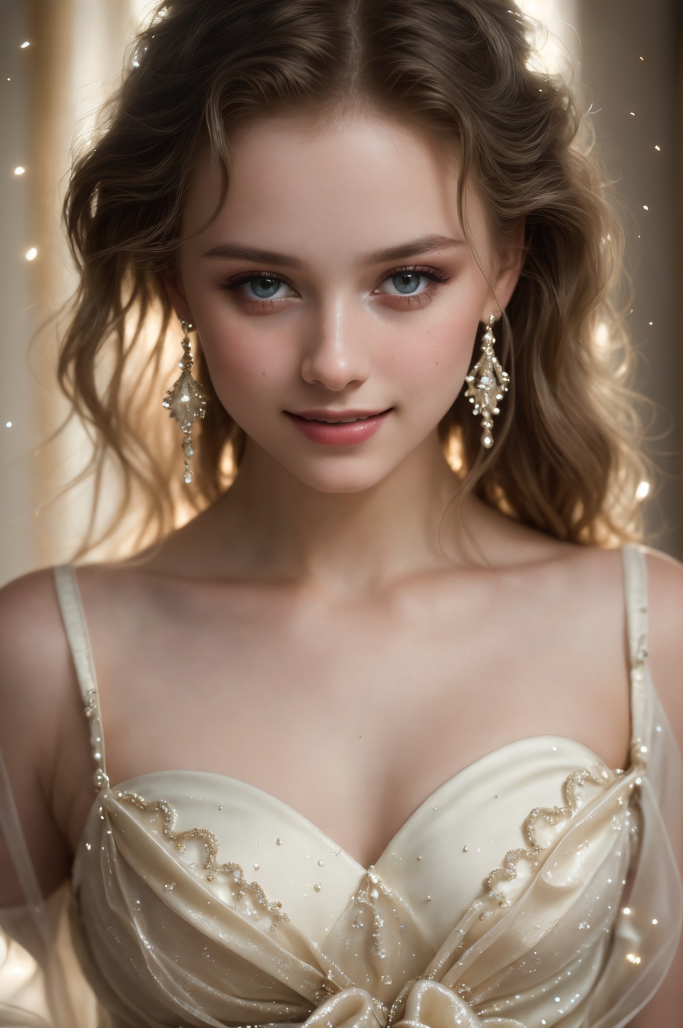 A cinematic close-up of young model's face,  her eyes gazing directly into the lens. She is wearing that complements her p...