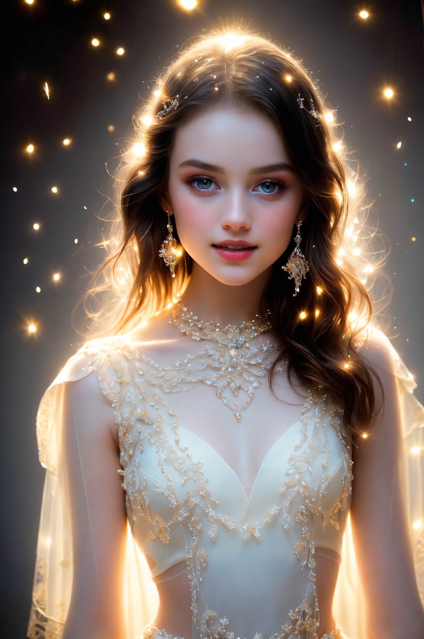 Soft focus on young model's face,  eyes locked onto lens. Porcelain skin illuminated by dancing particle's gentle glow,  c...