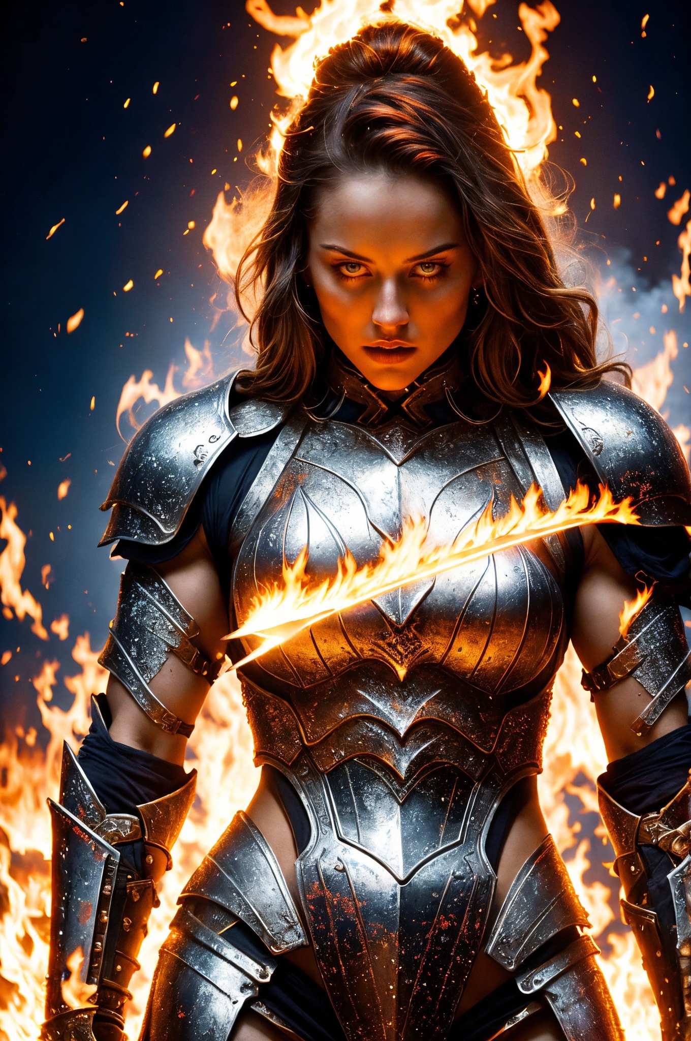 A fiery inferno crackles behind a stoic warrior woman clad in gleaming silver armor,  her determined gaze piercing through...
