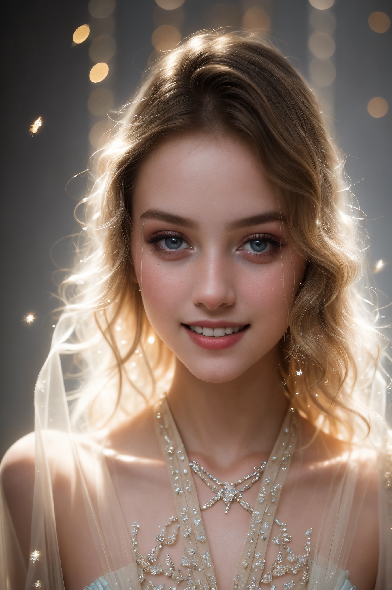 A cinematic close-up of young model's face,  her eyes gazing directly into the lens. She is wearing that complements her p...