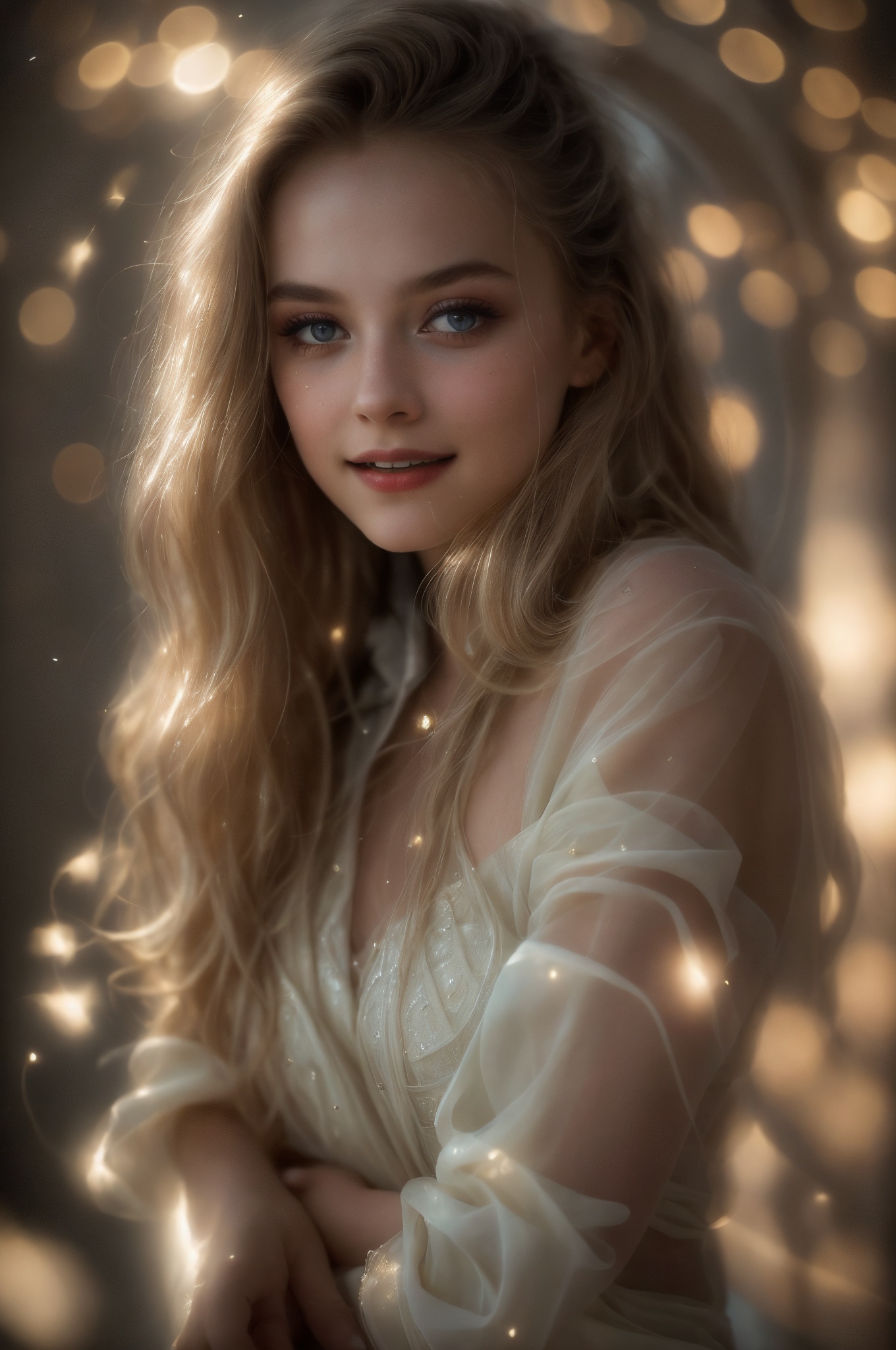 A cinematic close-up of young model's face,  her eyes gazing directly into the lens. She is wearing that complements her p...