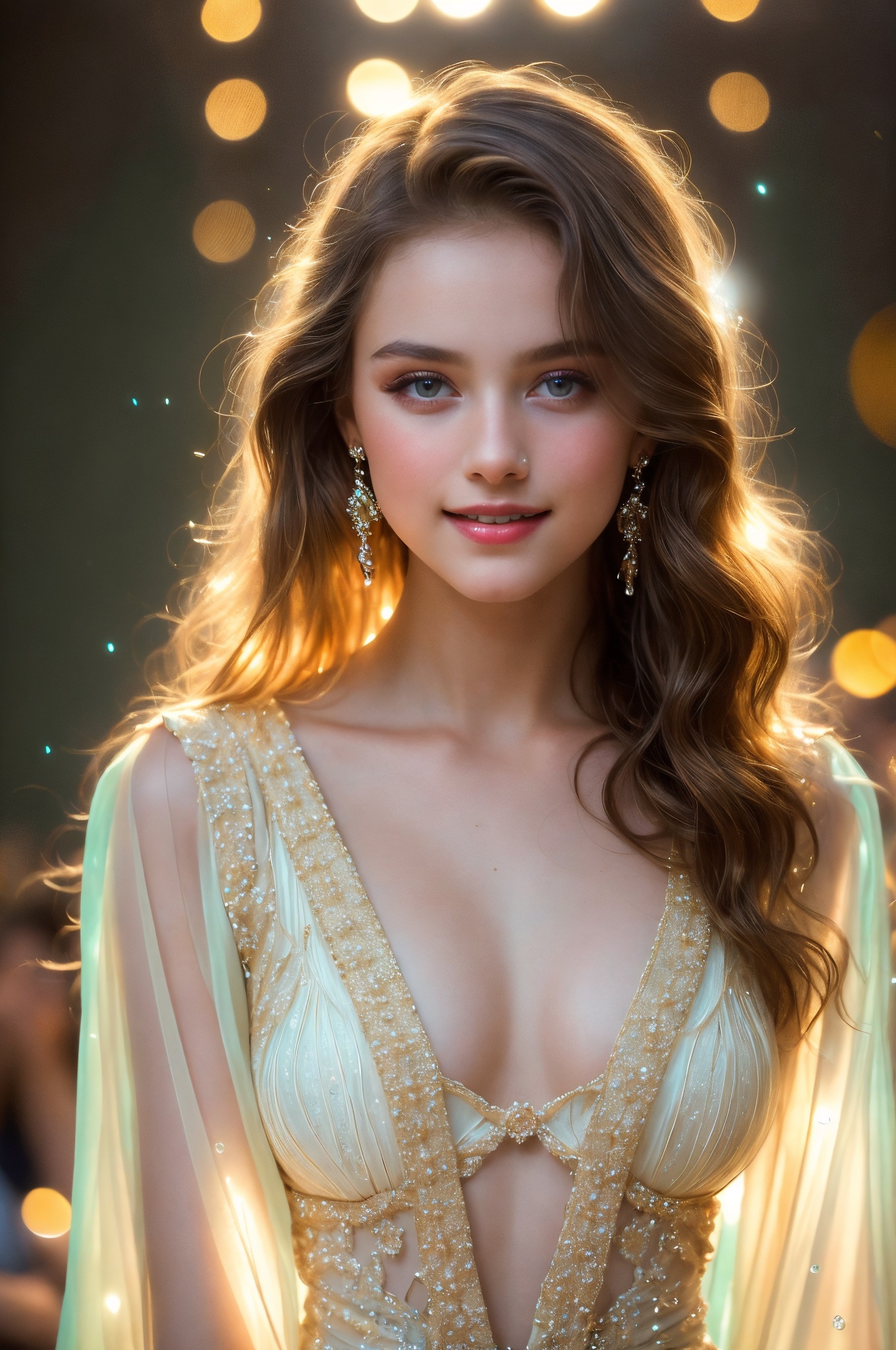 A luminous close-up frames the young model's face,  her piercing eyes locked onto the lens as she wears a delicate dress t...