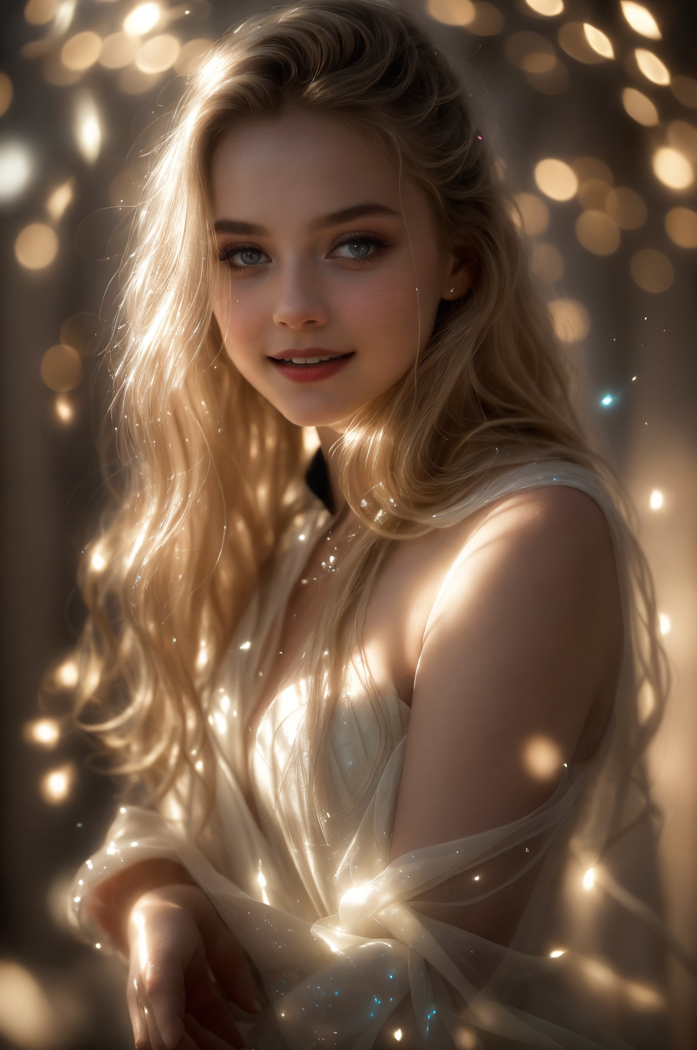 A cinematic close-up of young model's face,  her eyes gazing directly into the lens. She is wearing that complements her p...