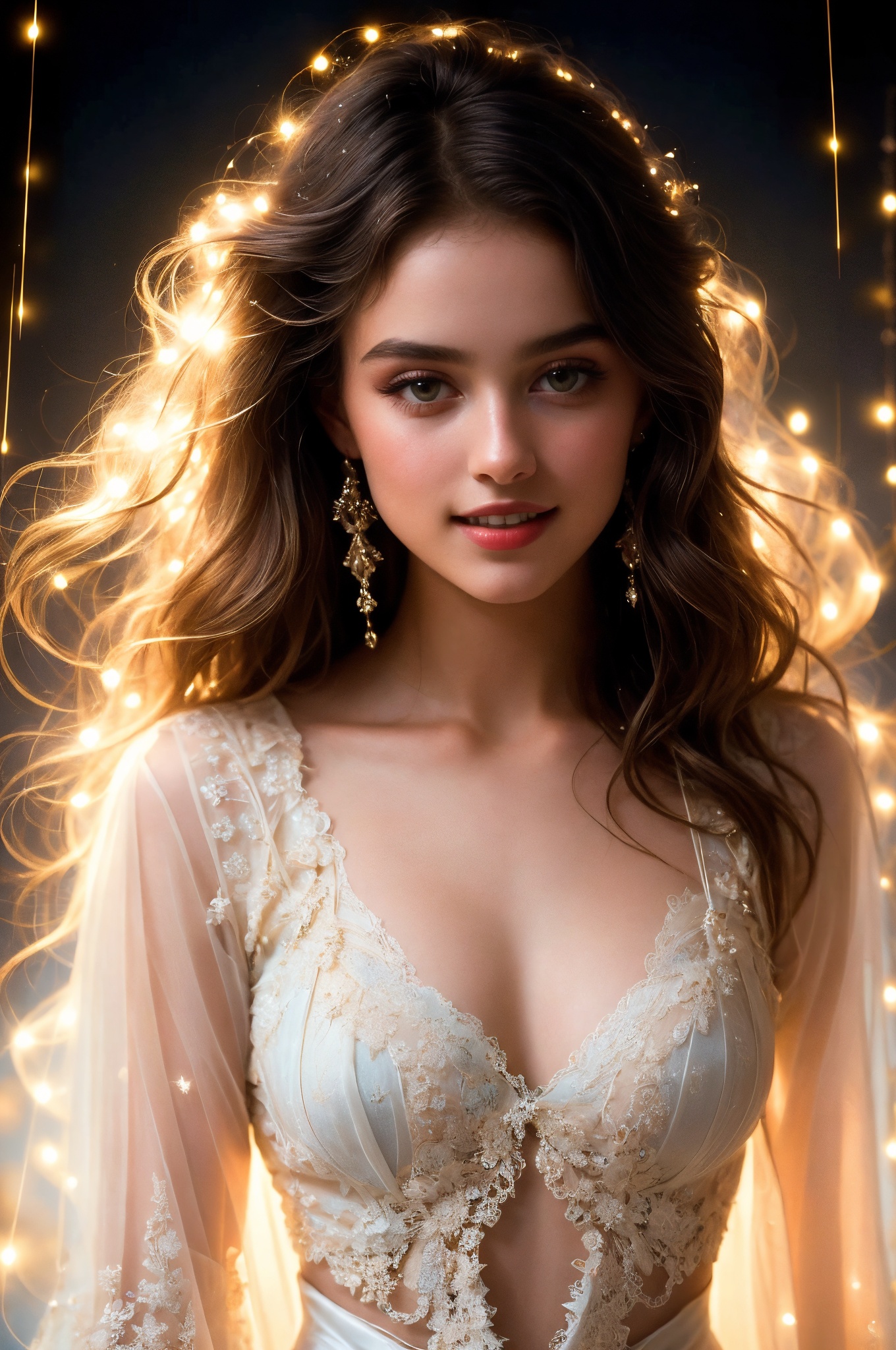A soft focus close-up on the young model's face,  her piercing eyes locking onto the lens. She wears delicate lace that co...