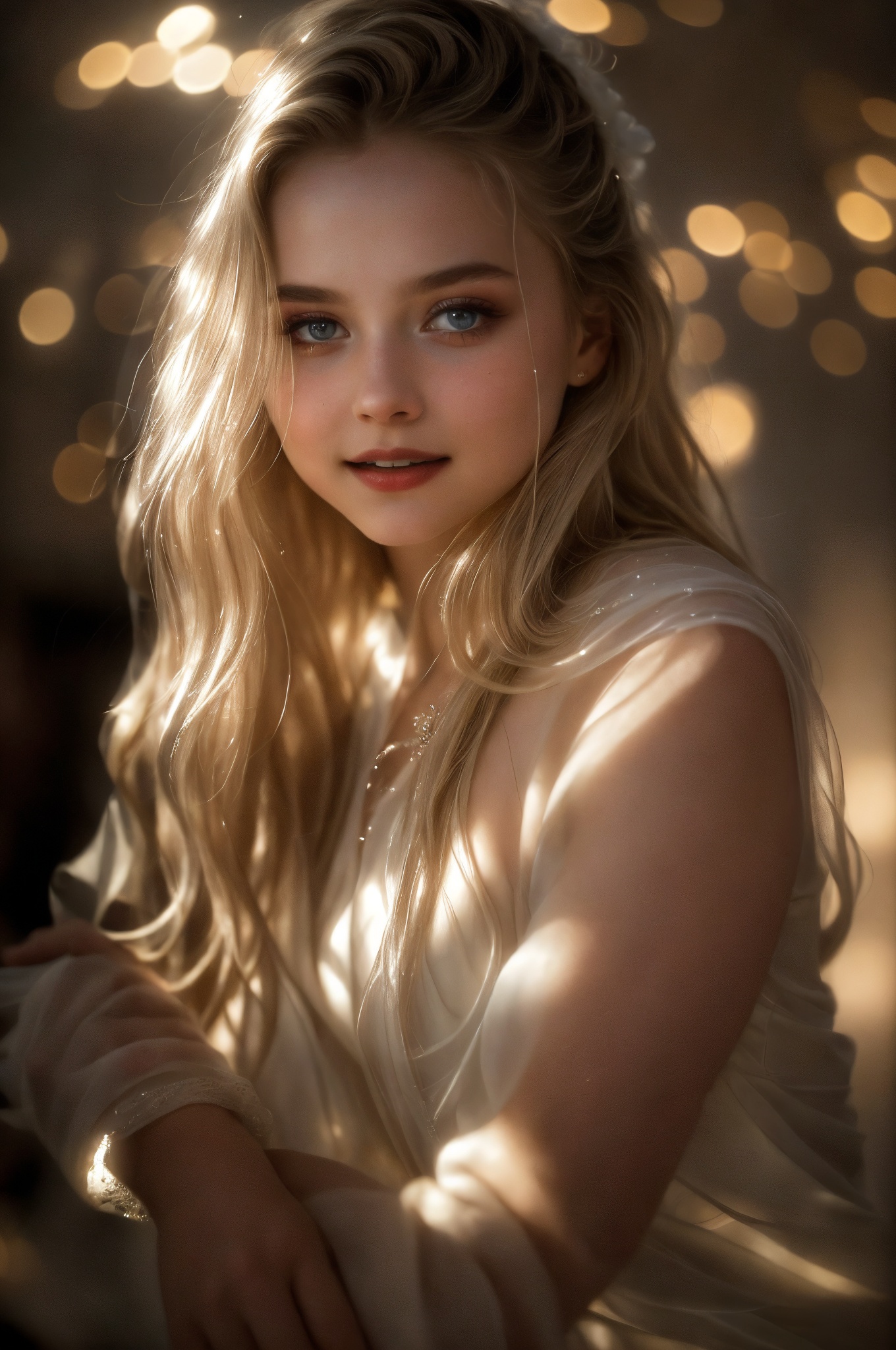 A cinematic close-up of young model's face,  her eyes gazing directly into the lens. She is wearing that complements her p...