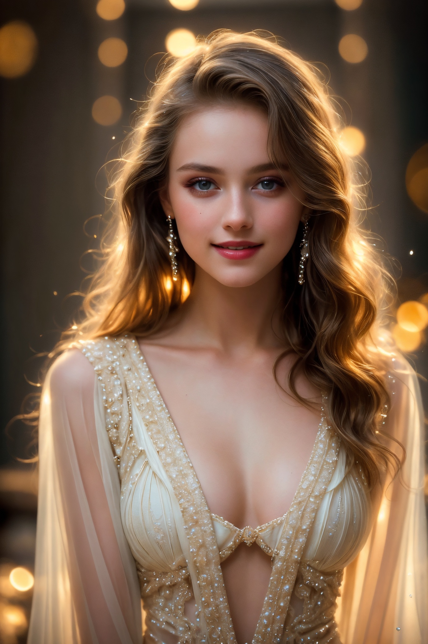 A cinematic close-up of young model's face,  her eyes gazing directly into the lens. She is wearing that complements her p...