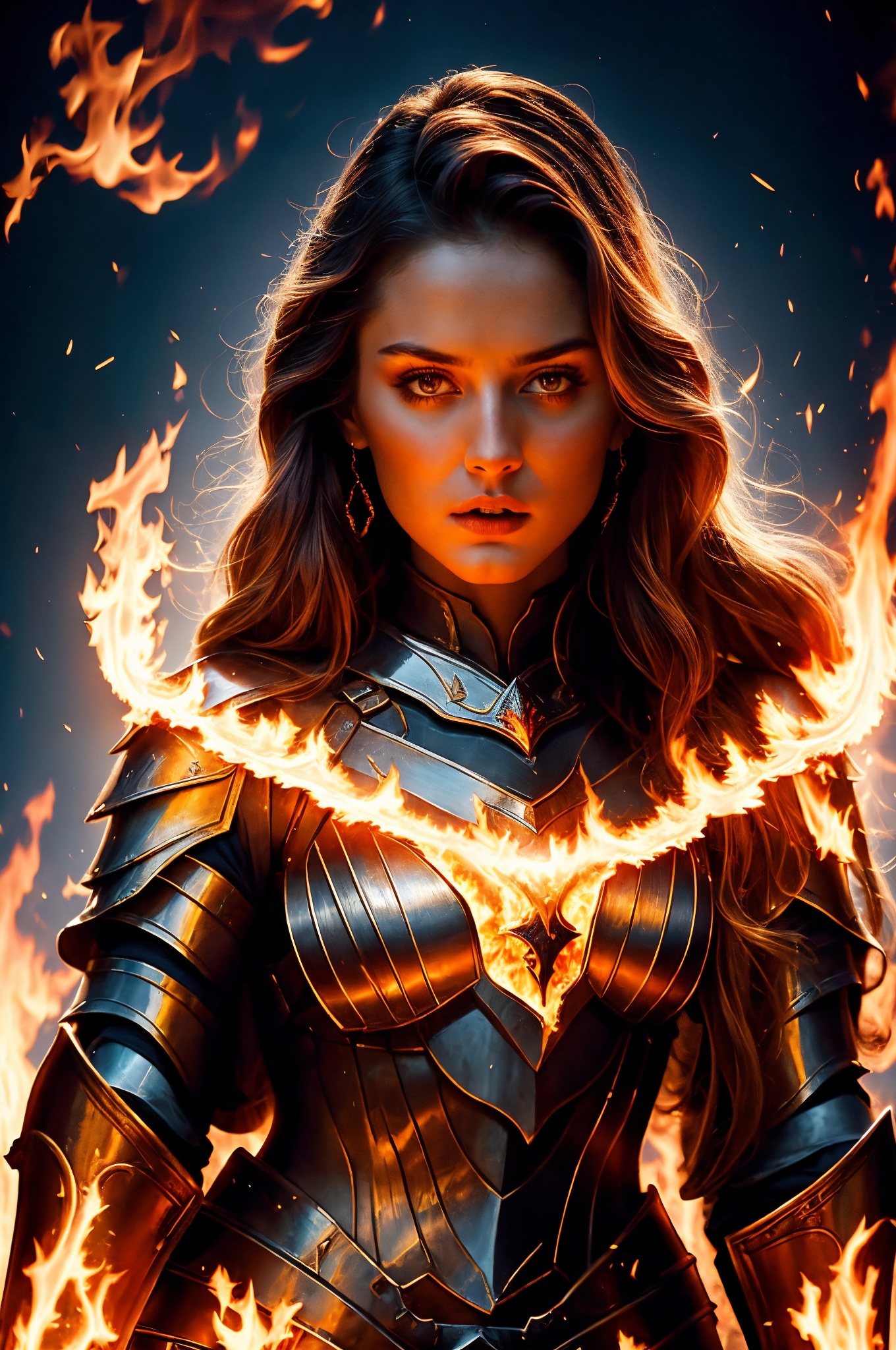 A majestic warrior woman stands tall,  surrounded by a fiery inferno. Her gleaming armor reflects the warm hues of the fla...