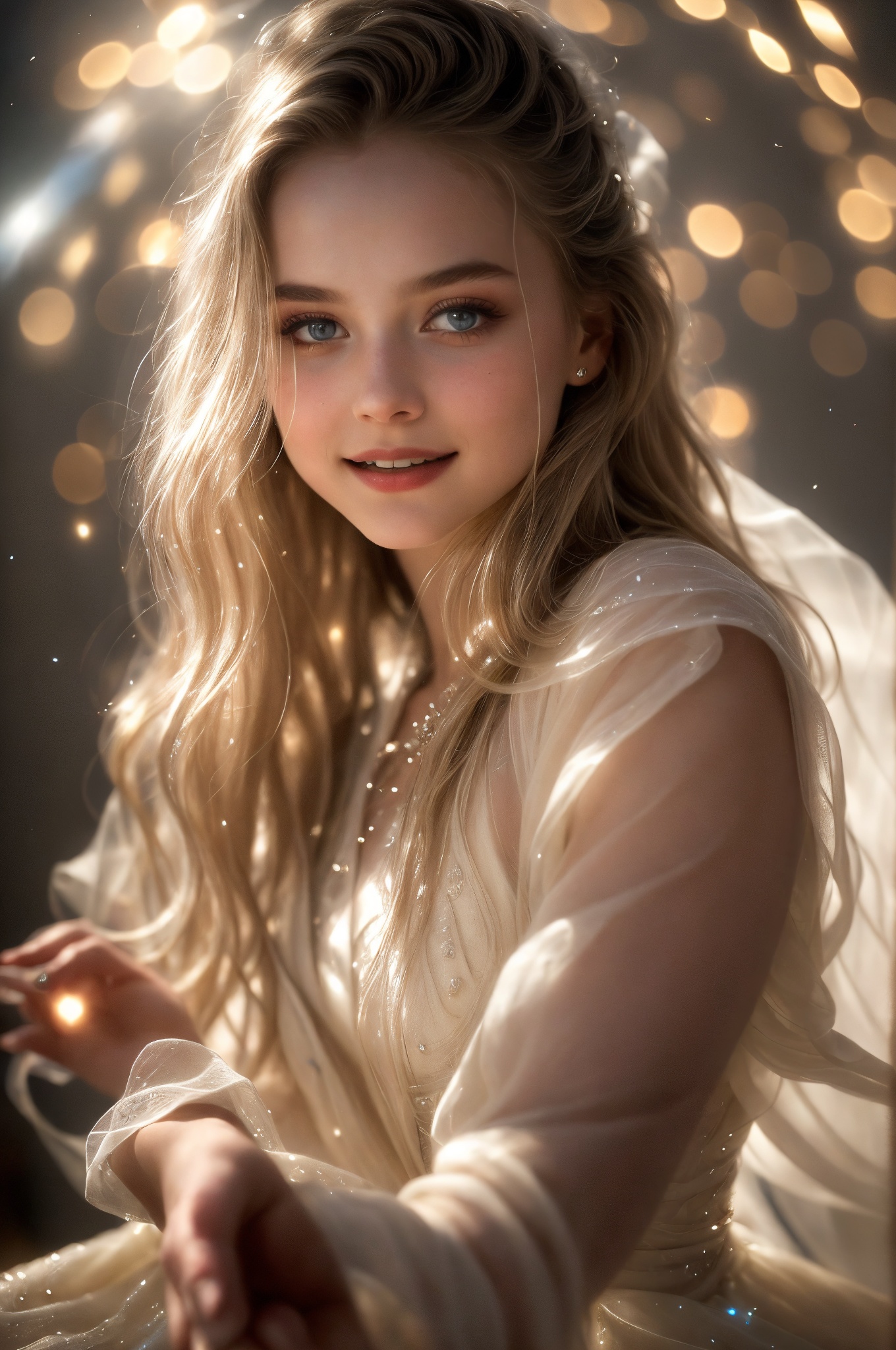 A cinematic close-up of young model's face,  her eyes gazing directly into the lens. She is wearing that complements her p...