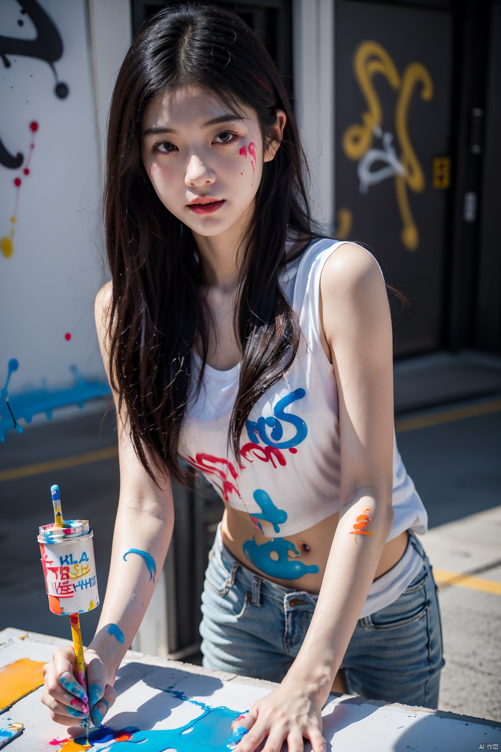 8K,1girls,涂鸦,paint tubeEight, two, CG, a girl,graffiti, paint,He was covered in graffiti paint., loli,1girl,depth of field