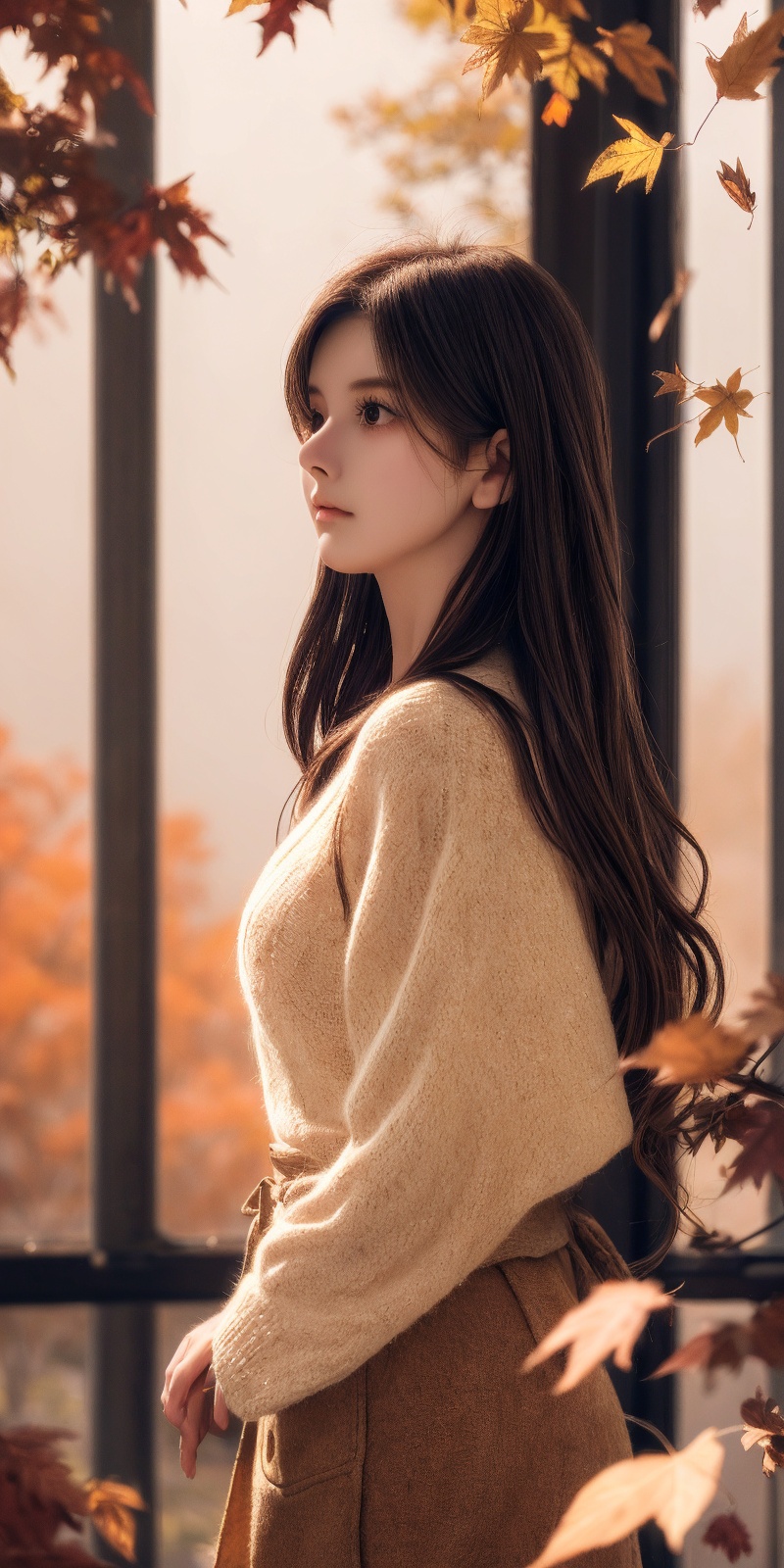 Whispers of Autumn: A dreamy,  soft-focus scene unfolds at golden hour,  as a young woman stands amidst a hazy on Tensor.Art