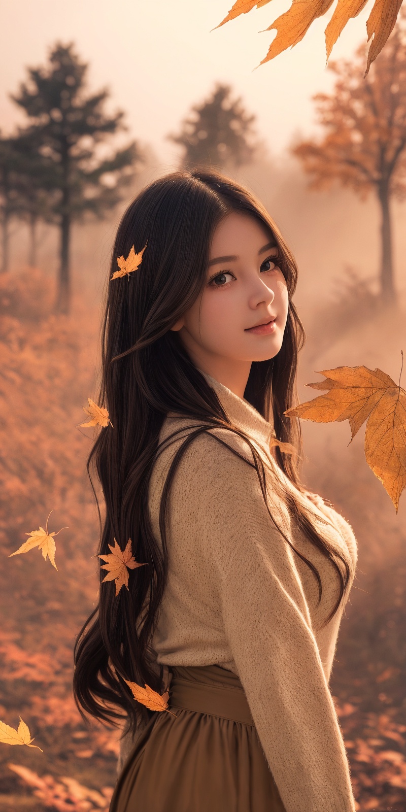 Whispers of Autumn: A dreamy,  soft-focus scene unfolds at golden hour,  as a young woman stands amidst a hazy on Tensor.Art