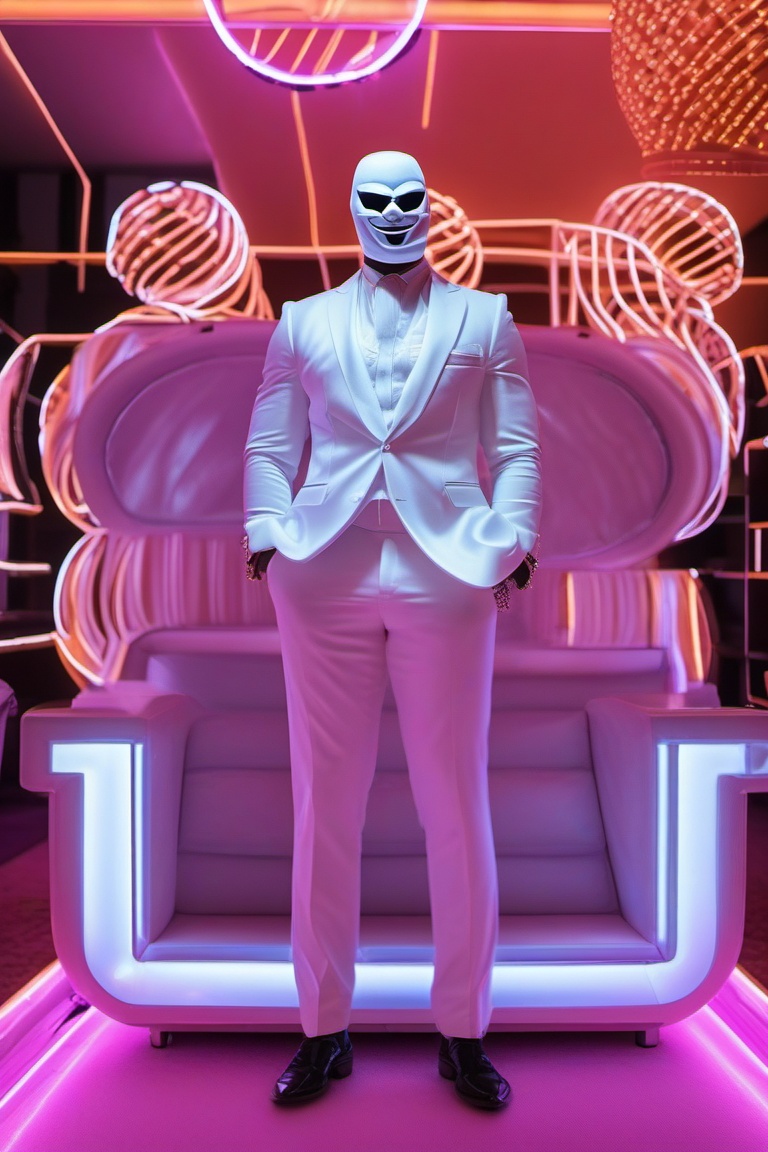 a strong,  muscular,  massive man in an expensive orange suit with a pattern of Halloween pumpkins on Tensor.Art