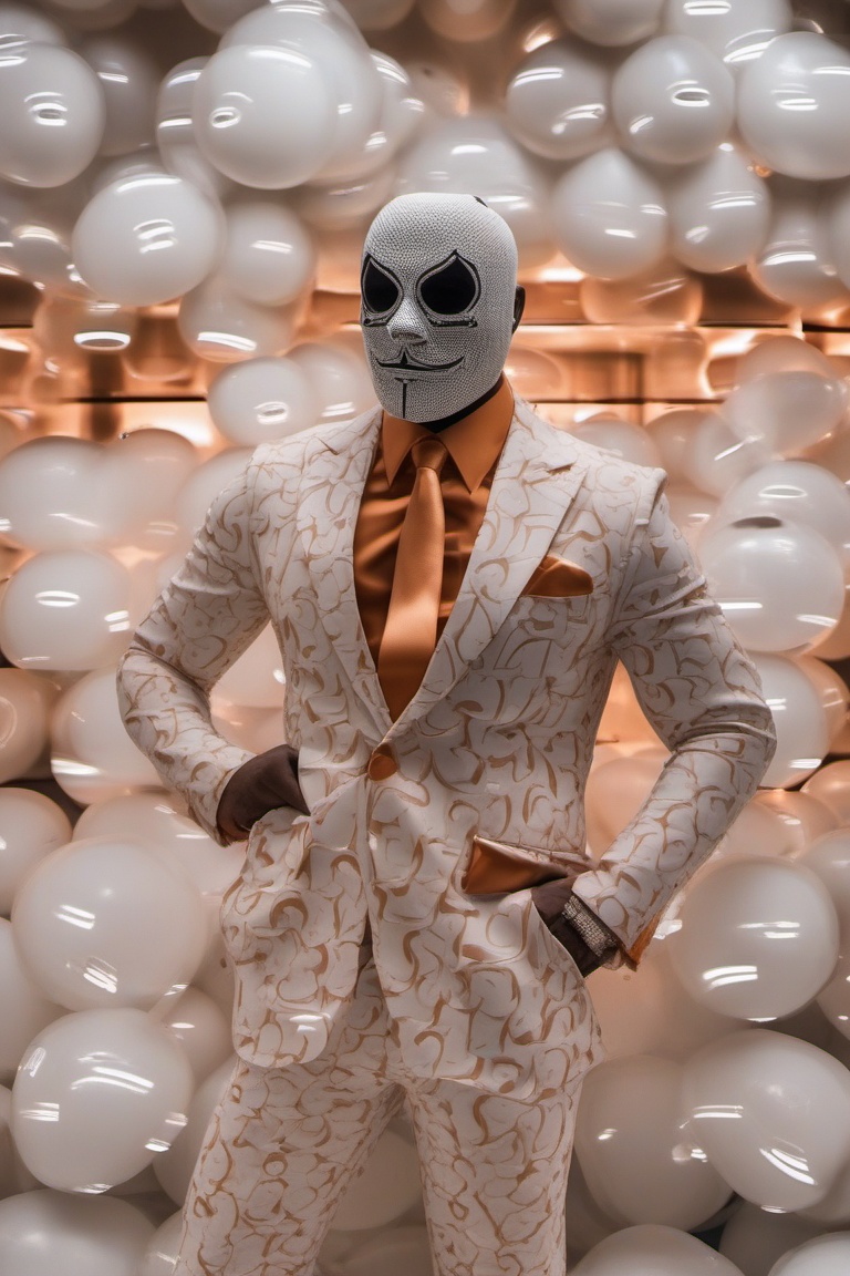 a strong,  muscular,  massive man in an expensive orange suit with a pattern of Halloween pumpkins on Tensor.Art