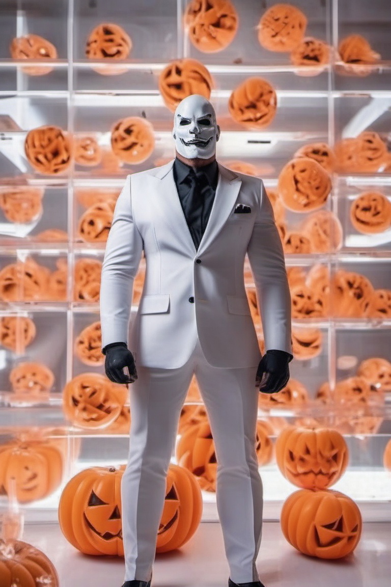 a strong,  muscular,  massive man in an expensive orange suit with a pattern of Halloween pumpkins on Tensor.Art