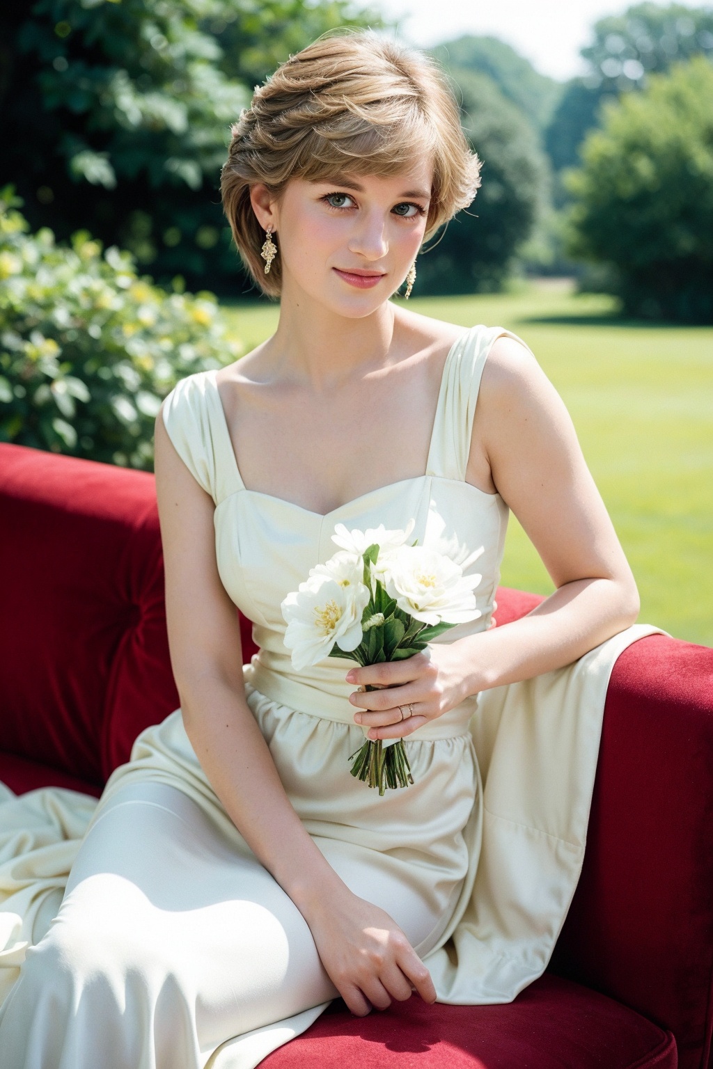 A majestic portrait of Princess Diana: a soft focus frame captures her warm smile as she gazes directly into the camera le...