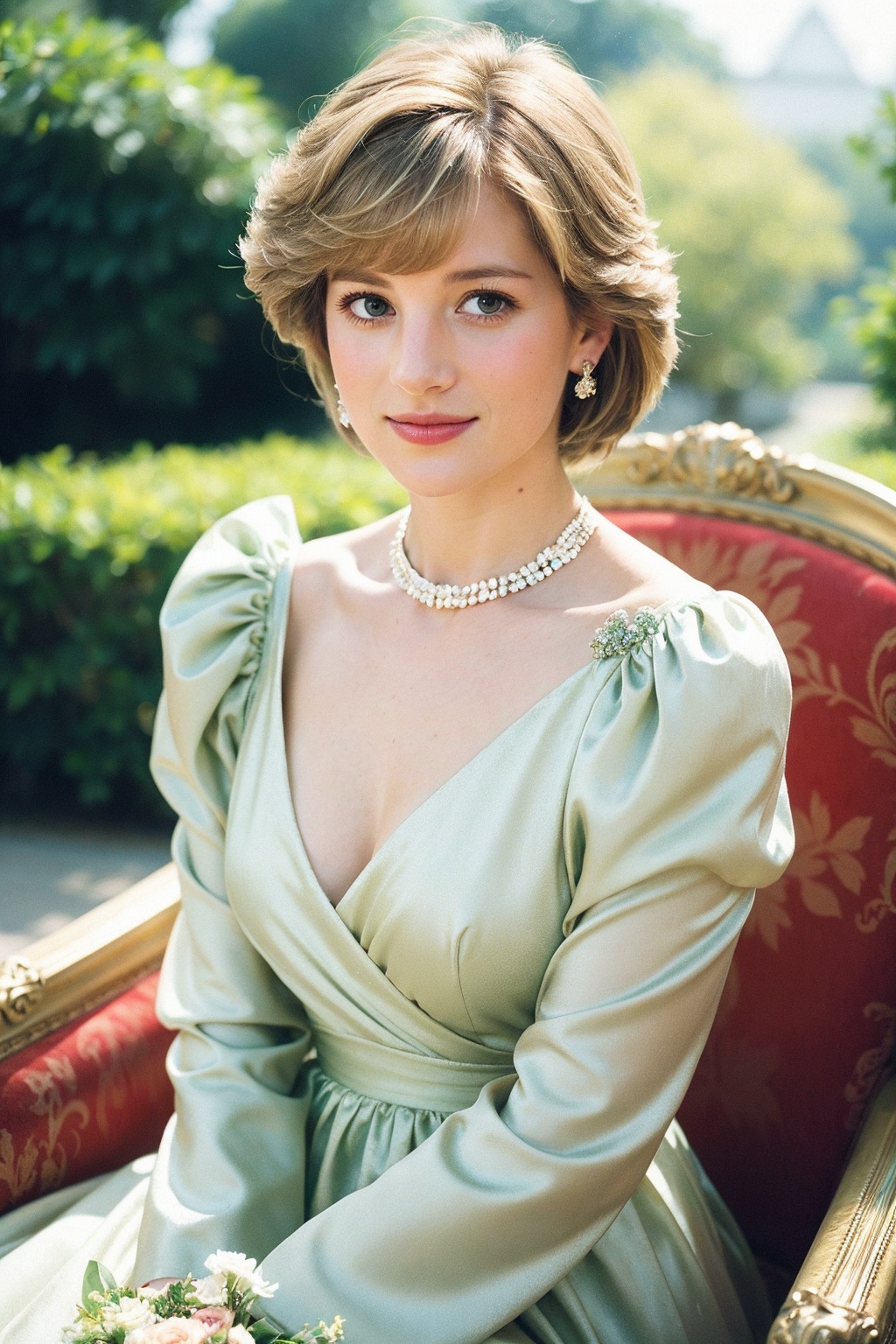 A dreamy portrait of Princess Diana: soft focus framing her warm smile as she gazes directly into the lens. Golden light d...
