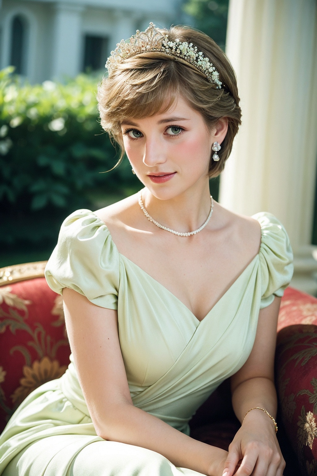 A majestic portrait of Princess Diana: a soft focus frame captures her warm smile as she gazes directly into the camera le...