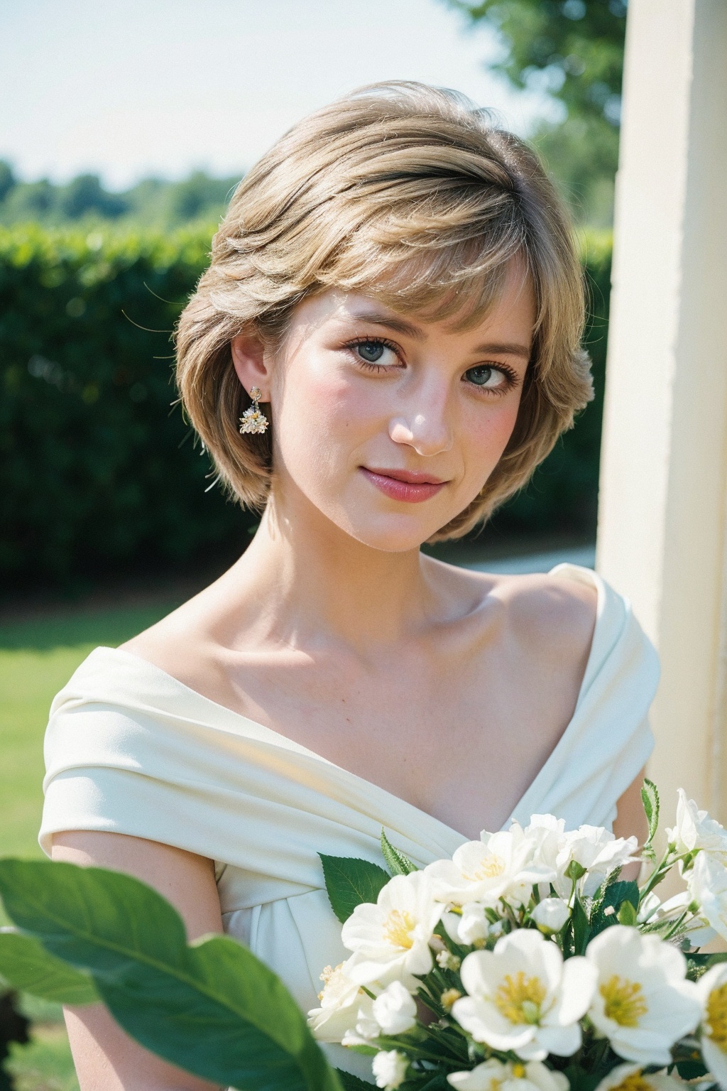 A majestic portrait of Princess Diana: Soft focus frame captures her warm smile as she gazes directly into the camera lens...