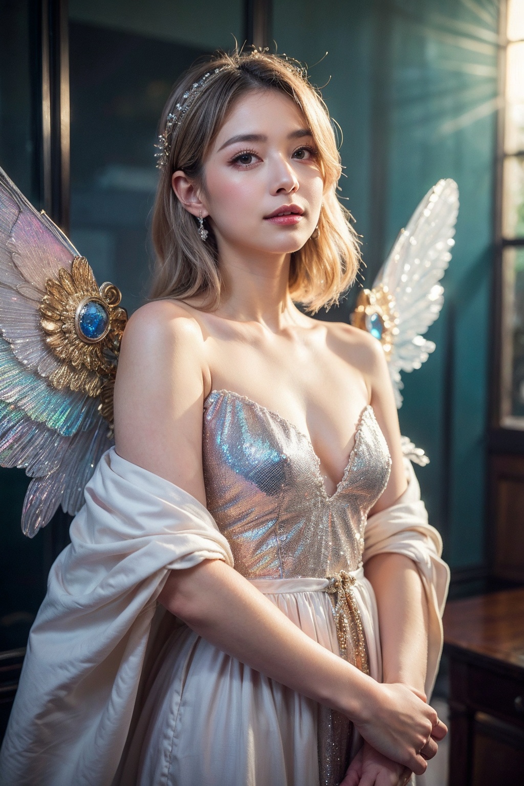 shimmering silver hair,  piercing sapphire eyes,  gentle smile on Tensor.Art