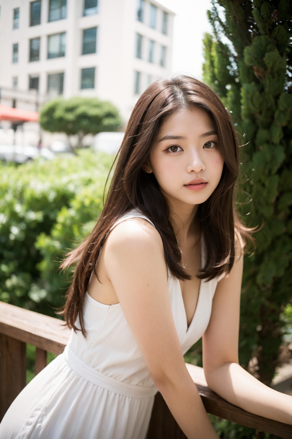 a young Asian woman,  long brown hair,  dress on Tensor.Art