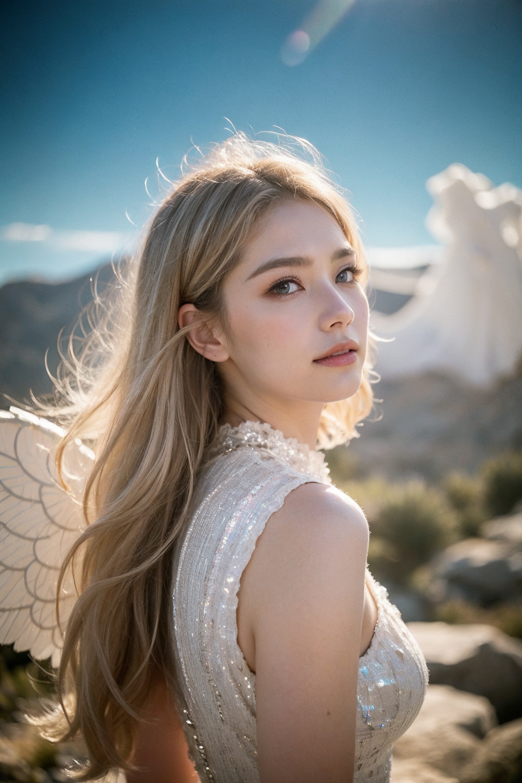 shimmering silver hair,  piercing sapphire eyes,  gentle smile on Tensor.Art
