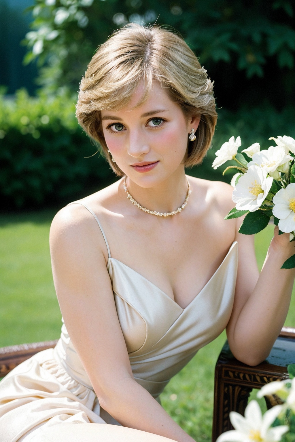 A majestic portrait of Princess Diana: Soft focus frame captures her warm smile as she gazes directly into the camera lens...
