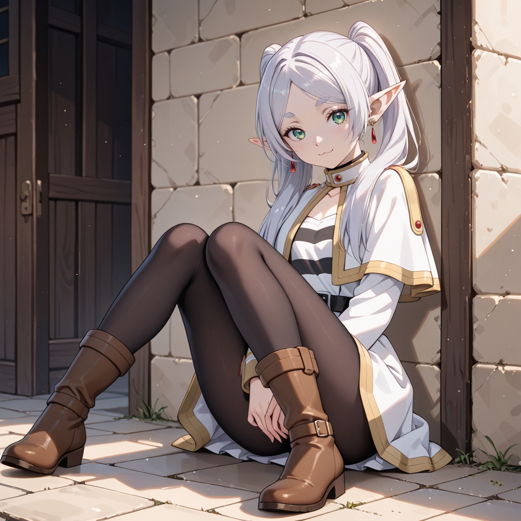 Frieren is a petite,  female elf with green eyes,  thick eyebrows on Tensor.Art