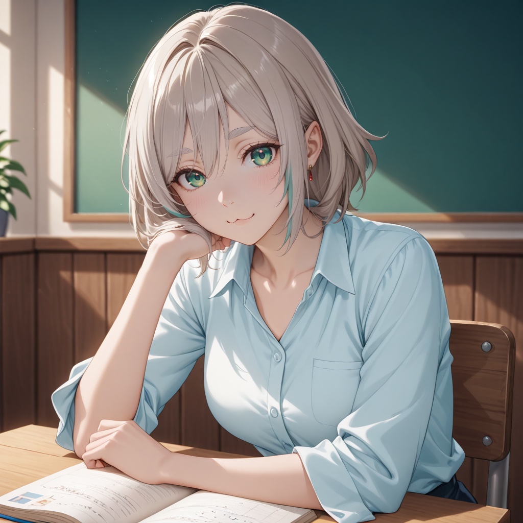 An older woman teacher with short brown-gray hair sits at a wooden desk,  upper body closely framed. Soft sidelighting hig...
