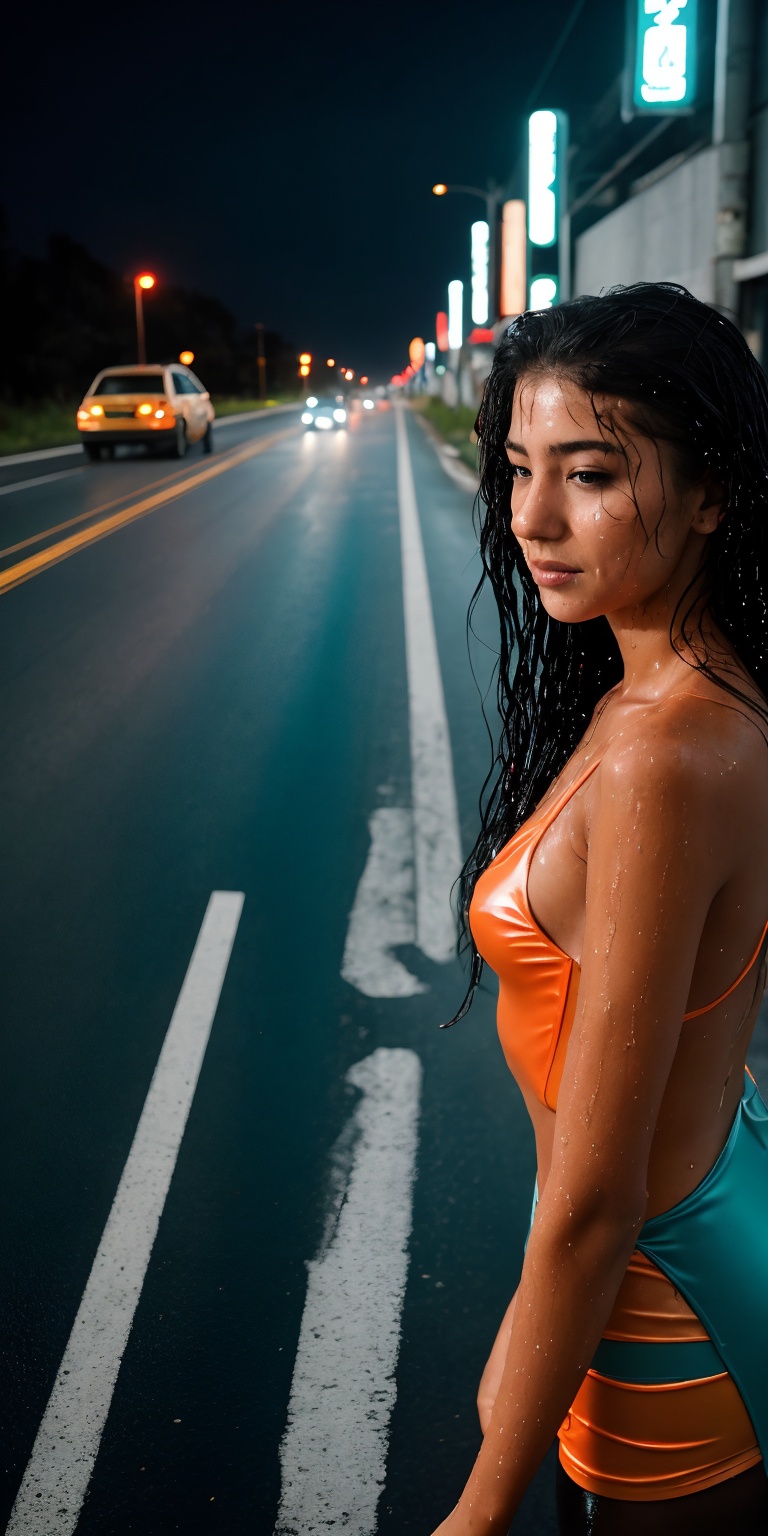 Teenage girl,  teal and orange colour grading,  cyberpunk theme background on Tensor.Art