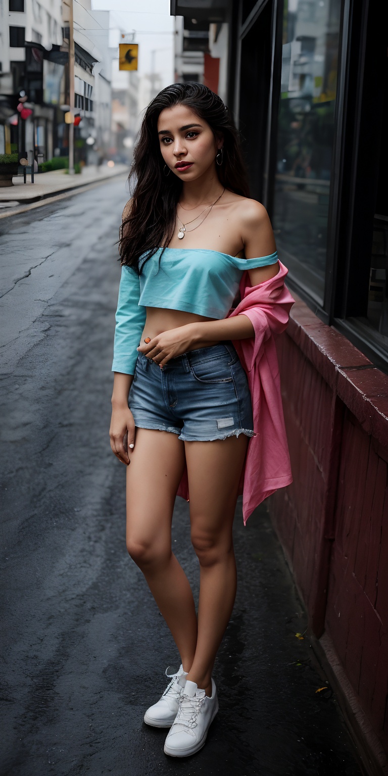A solo simple girl simple type age 18 the viewer from a cowboy shot indoors. She's wearing a black miniskirt and jeans her...