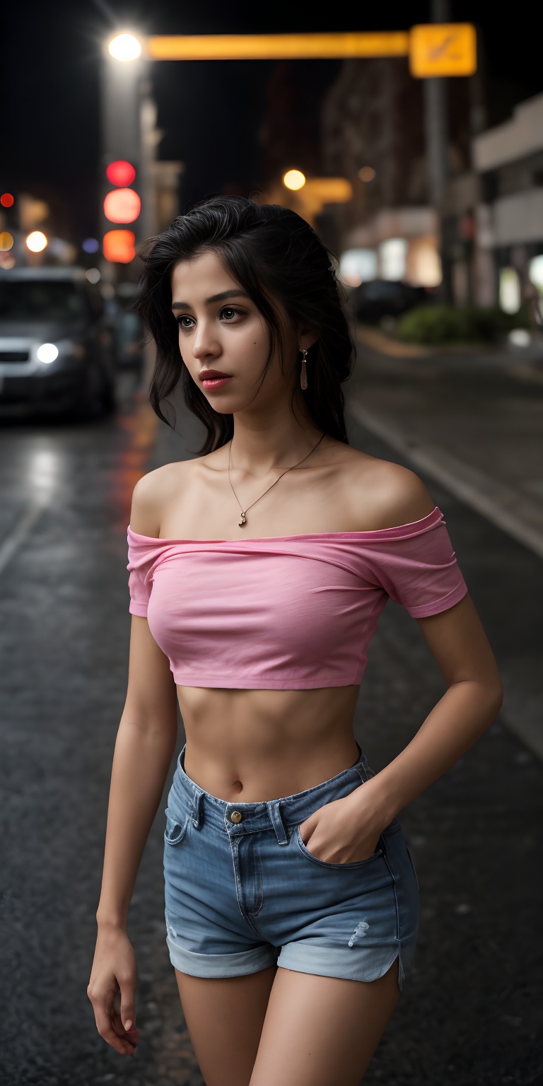 A solo simple girl simple type age 18 the viewer from a cowboy shot indoors. She's wearing a black miniskirt and jeans her...