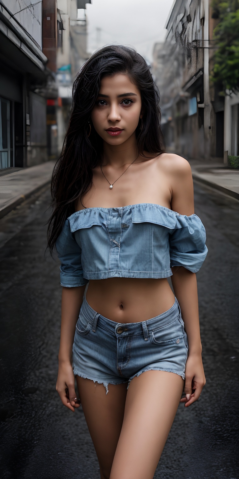 A solo simple girl simple type age 18 the viewer from a cowboy shot indoors. She's wearing a black miniskirt and jeans her...