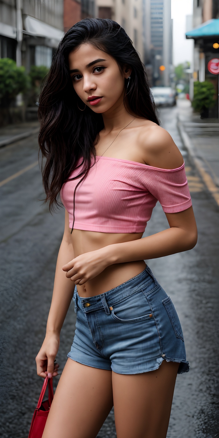 A solo simple girl simple type age 18 the viewer from a cowboy shot indoors. She's wearing a black miniskirt and jeans her...