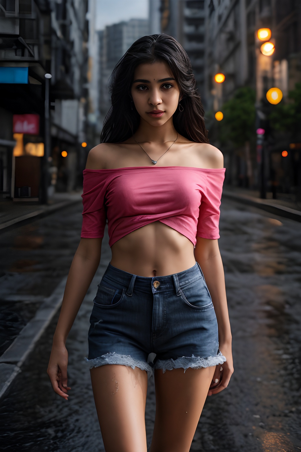 A solo simple girl simple type age 18 the viewer from a cowboy shot indoors. She's wearing a black miniskirt and jeans her...