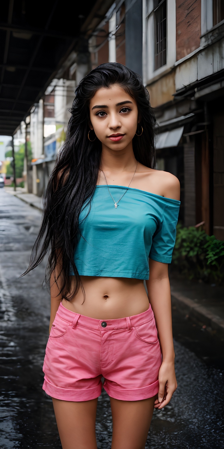 A solo simple girl simple type age 18 the viewer from a cowboy shot indoors. She's wearing a black miniskirt and jeans her...
