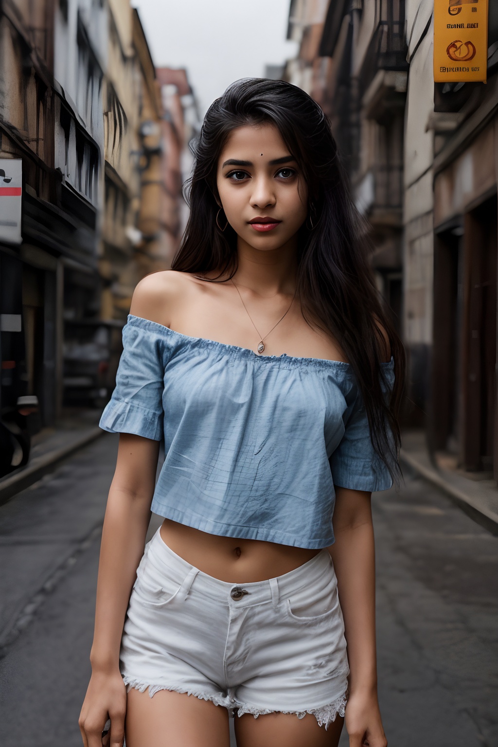 A solo punjabi Indian simple girl simple type age 16 the viewer from a cowboy shot indoors. She's wearing a black miniskir...