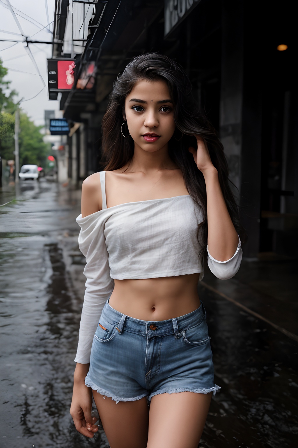 A solo simple girl simple type age 18 the viewer from a cowboy shot indoors. She's wearing a black miniskirt and jeans her...
