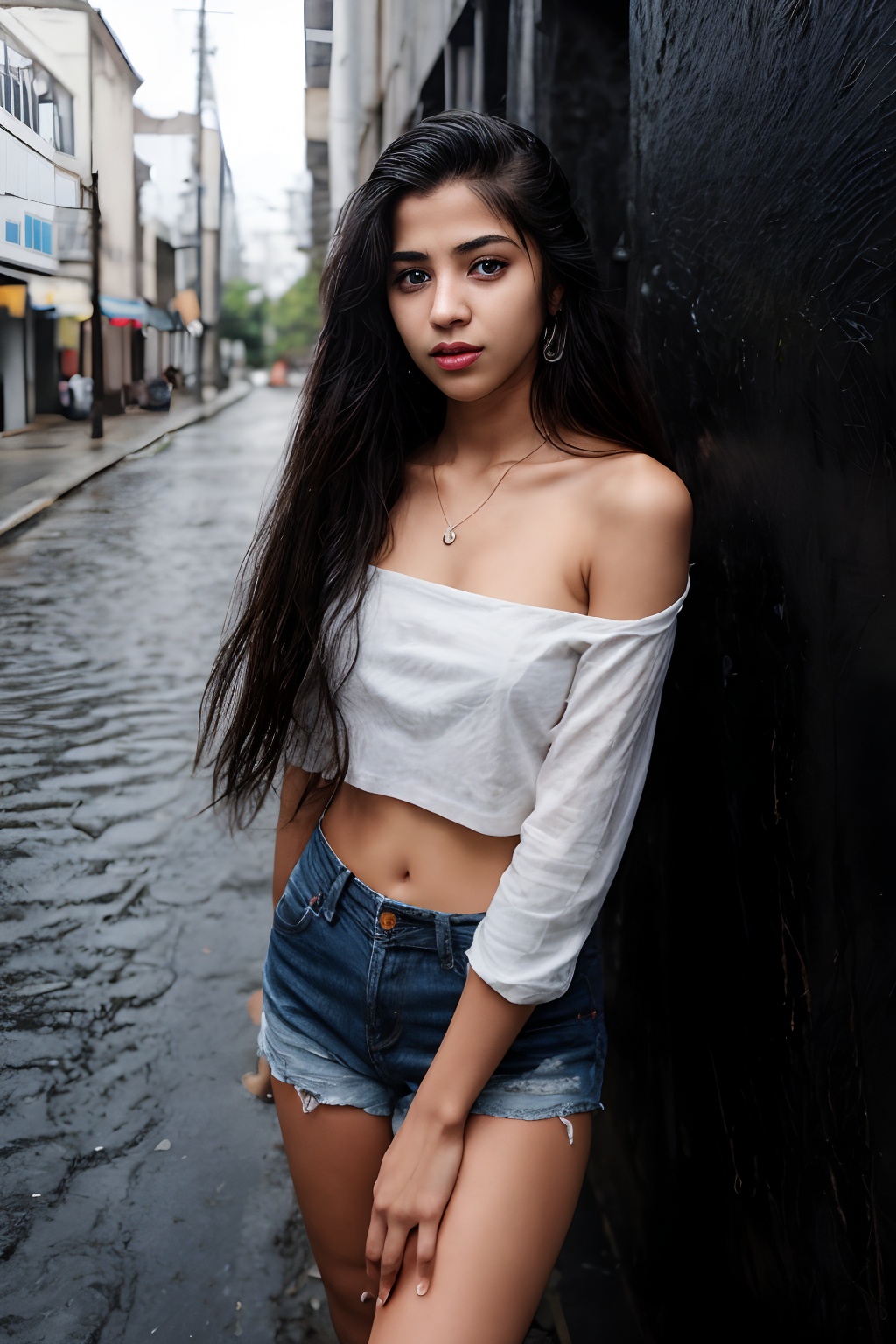 A solo simple girl simple type age 18 the viewer from a cowboy shot indoors. She's wearing a black miniskirt and jeans her...