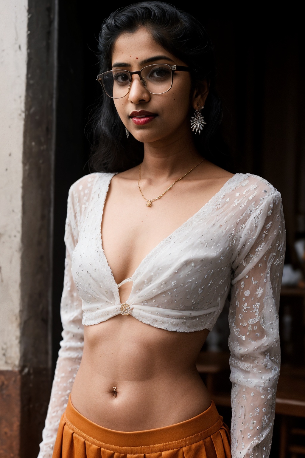 Here's a surrealistic portrait of Kavya Thapar: In a dimly lit outdoor cafe,  bathed in the warm glow of soft cinematic li...