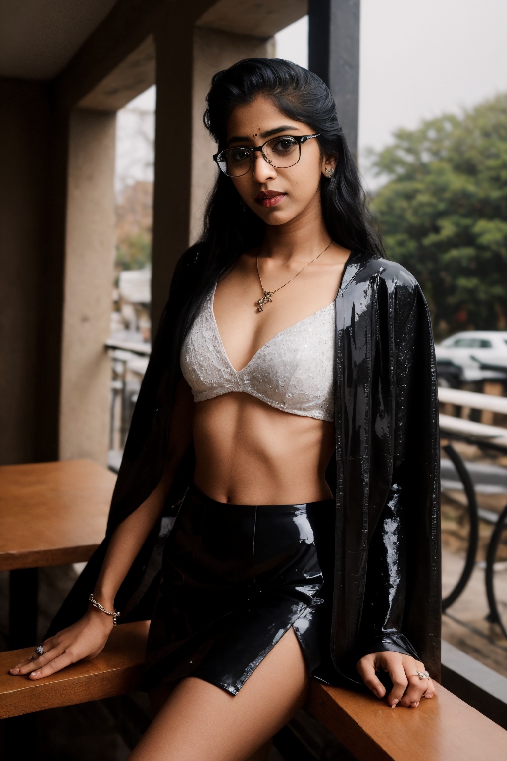 Here's a surrealistic portrait of Kavya Thapar: In a dimly lit outdoor cafe,  bathed in the warm glow of soft cinematic li...