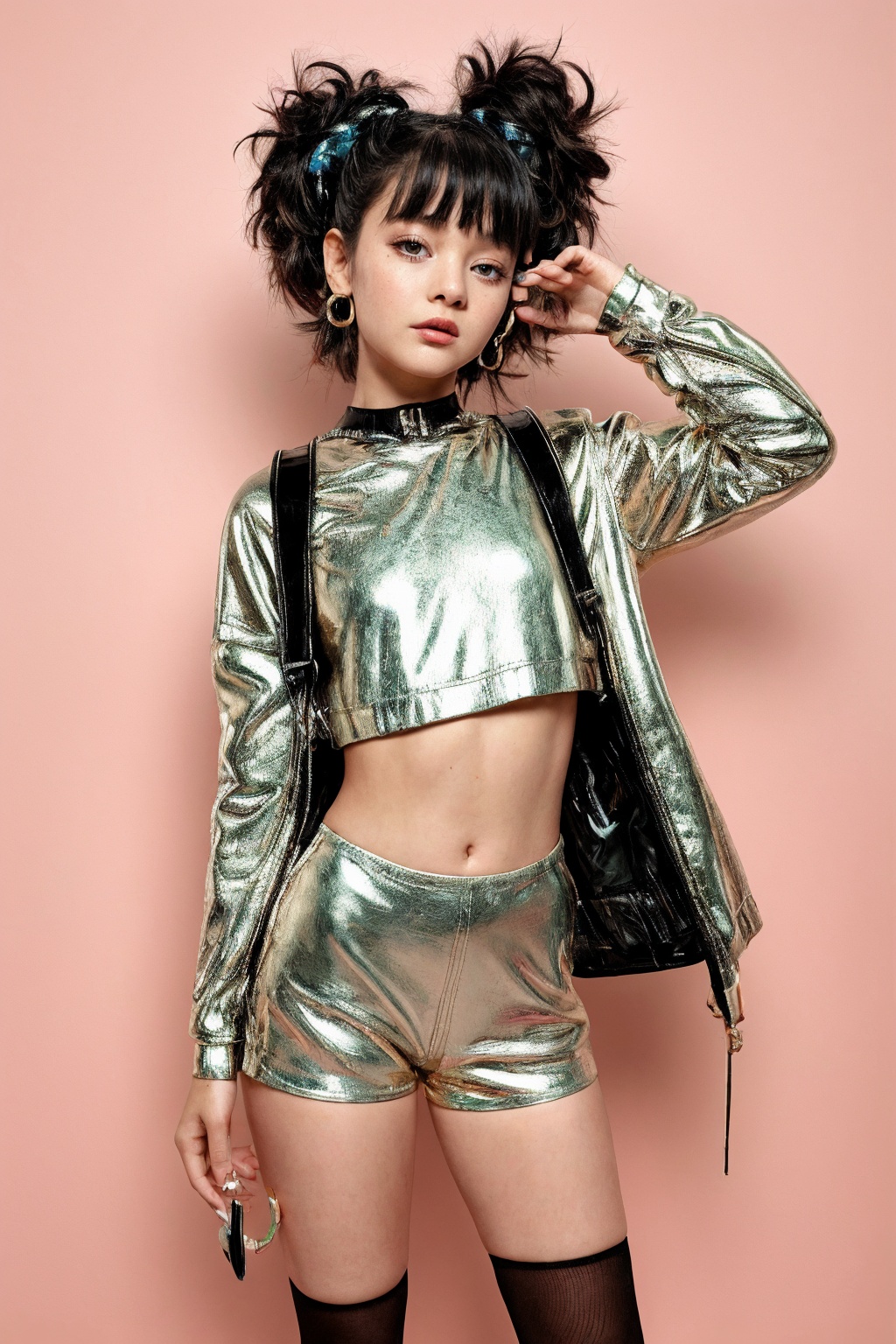 Imagine a stunning,  futuristic sci-fi avatar of a tween girl radiating charm and innocence. She wears a modern,  captivat...