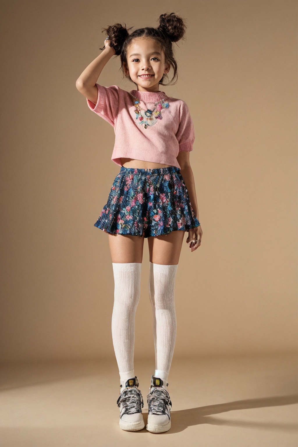In a warm,  soft-glow environment,  a captivating tween girl avatar shines with charm and innocence. She sports a trendy o...