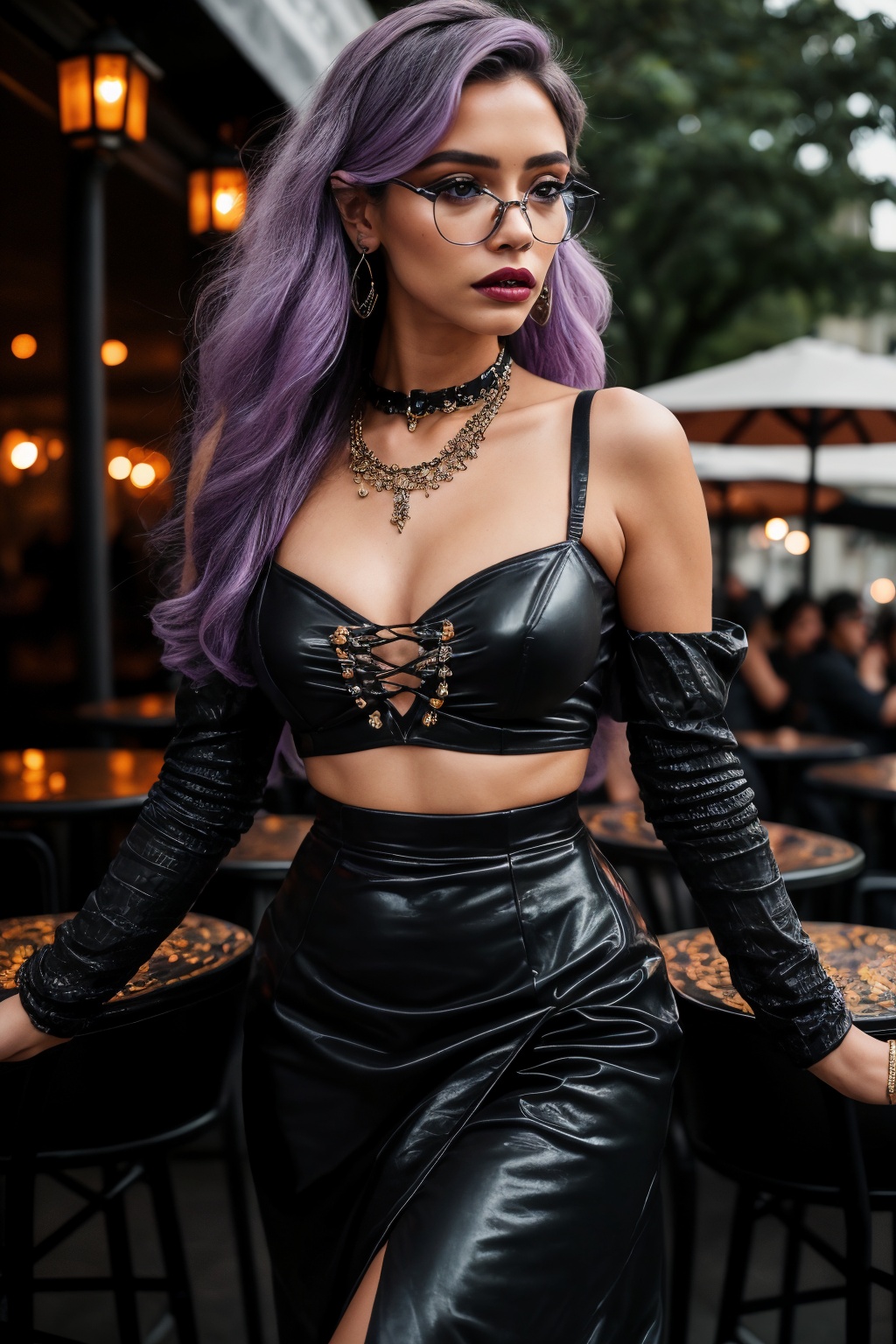 Here's a surrealistic portrait of Kavya Thapar: In a dimly lit outdoor cafe,  bathed in the warm glow of soft cinematic li...